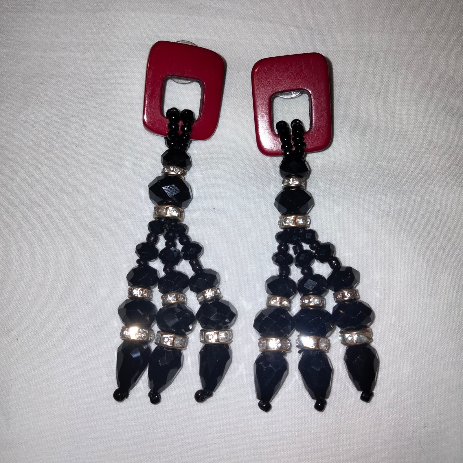 Iris Apfel & Bajalia Black, Red & Clear Rhinestone Tasseled Statement Earrings